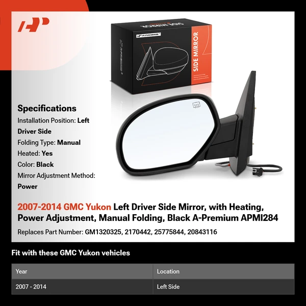 2007-2014 GMC Yukon Left Driver Side Mirror, with Heating, Power Adjustment, Manual Folding, Black A-Premium APMI284