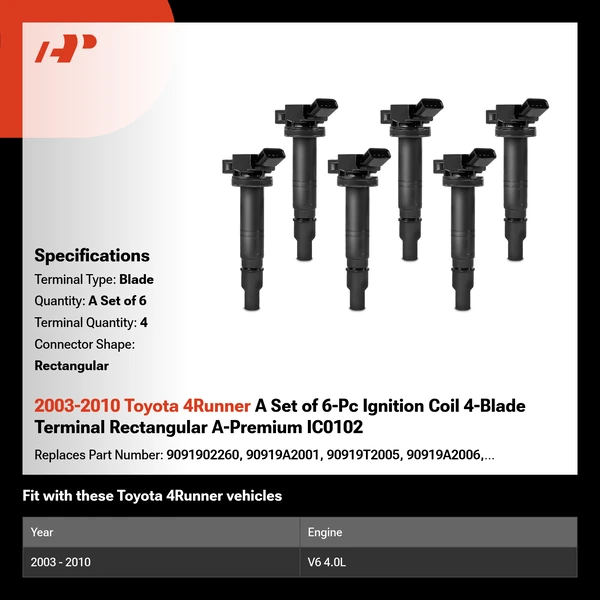 2003-2010 Toyota 4Runner A Set of 6-Pc Ignition Coil 4-Blade Terminal Rectangular A-Premium IC0102