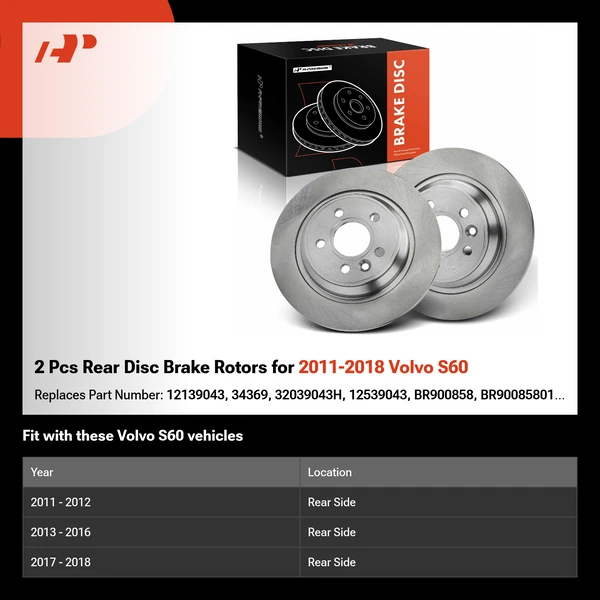 2 Pcs Rear Disc Brake Rotors for 2011-2018 Volvo S60