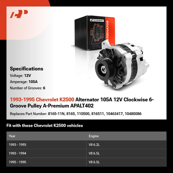 1993-1995 Chevrolet K2500 Alternator 105A 12V Clockwise 6-Groove Pulley A-Premium APALT402