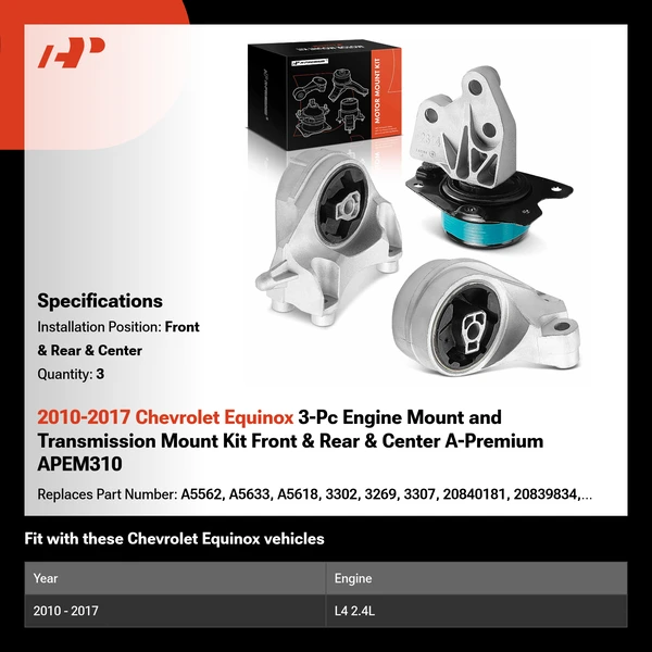 2010-2017 Chevrolet Equinox 3-Pc Engine Mount and Transmission Mount Kit Front & Rear & Center A-Premium APEM310