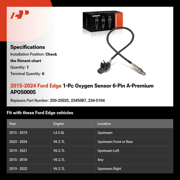 2015-2024 Ford Edge 1-Pc Oxygen Sensor 6-Pin A-Premium APOS0005