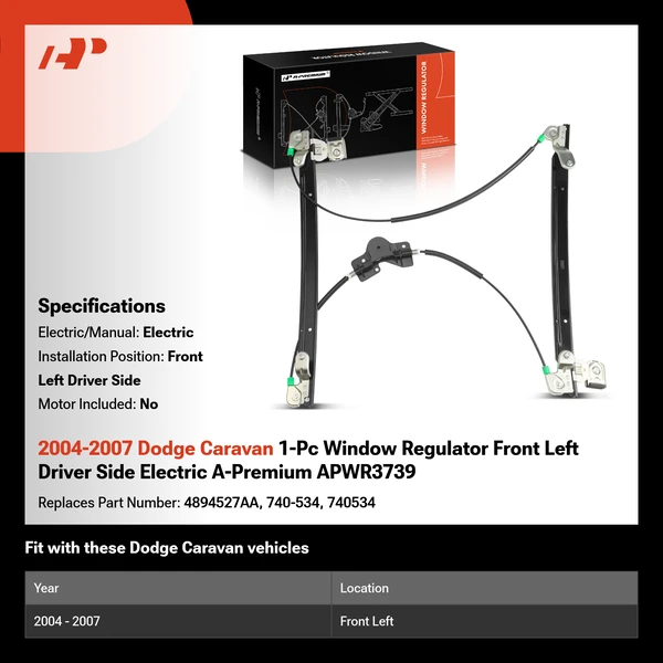 2004-2007 Dodge Caravan 1-Pc Window Regulator Front Left Driver Side Electric A-Premium APWR3739