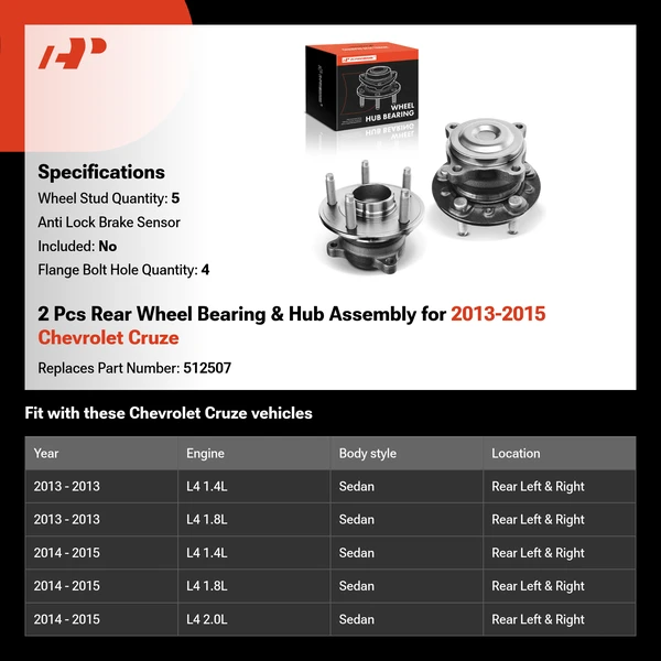 2 Pcs Rear Wheel Bearing & Hub Assembly for 2013-2015 Chevrolet Cruze