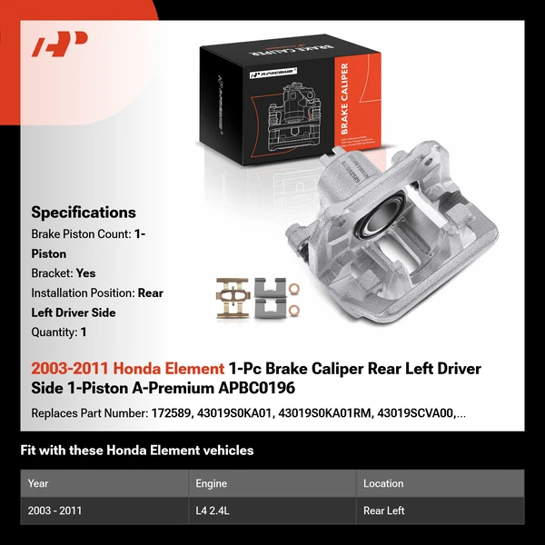 2003-2011 Honda Element 1-Pc Brake Caliper Rear Left Driver Side 1-Piston A-Premium APBC0196