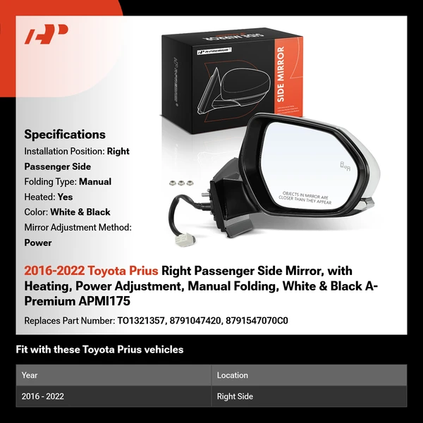 2016-2022 Toyota Prius Right Passenger Side Mirror, with Heating, Power Adjustment, Manual Folding, White & Black A-Premium APMI175