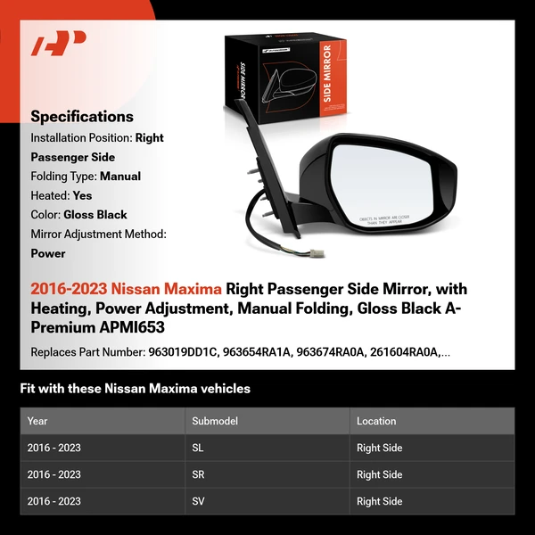 2016-2023 Nissan Maxima Right Passenger Side Mirror, with Heating, Power Adjustment, Manual Folding, Gloss Black A-Premium APMI653