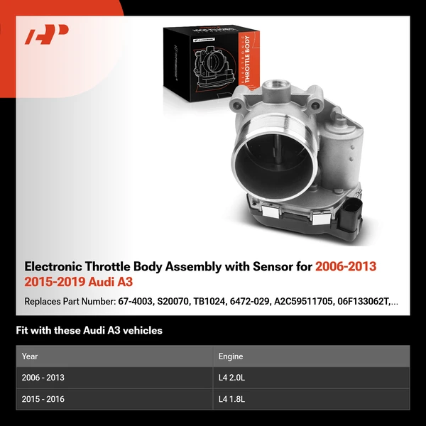 Electronic Throttle Body Assembly with Sensor for 2006-2013 2015-2019 Audi A3