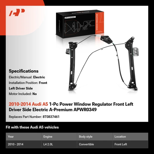 2010-2014 Audi A5 1-Pc Power Window Regulator Front Left Driver Side Electric A-Premium APWR0349