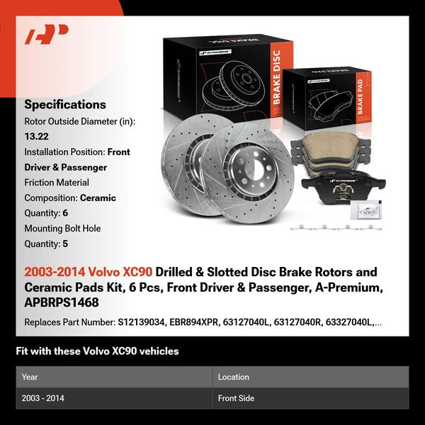 2003-2014 Volvo XC90 Drilled & Slotted Disc Brake Rotors and Ceramic Pads Kit, 6 Pcs, Front Driver & Passenger, A-Premium, APBRPS1468