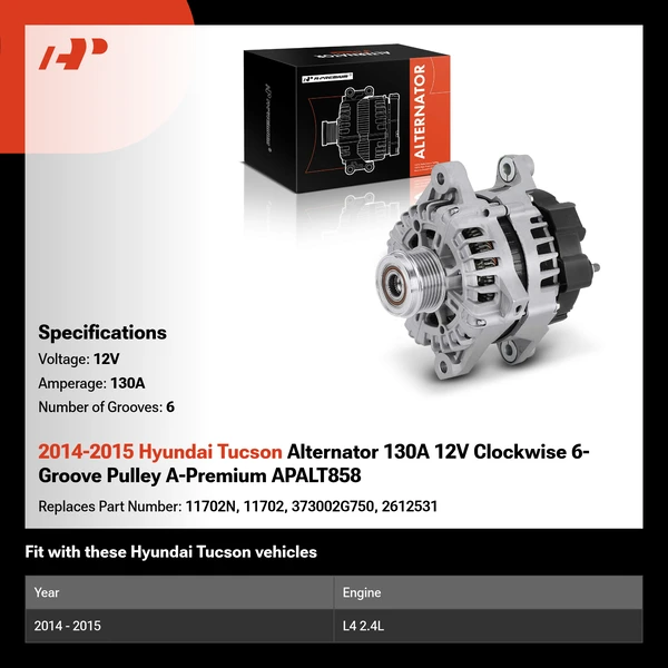 2014-2015 Hyundai Tucson Alternator 130A 12V Clockwise 6-Groove Pulley A-Premium APALT858