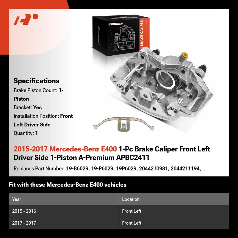 2015-2017 Mercedes-Benz E400 1-Pc Brake Caliper Front Left Driver Side 1-Piston A-Premium APBC2411