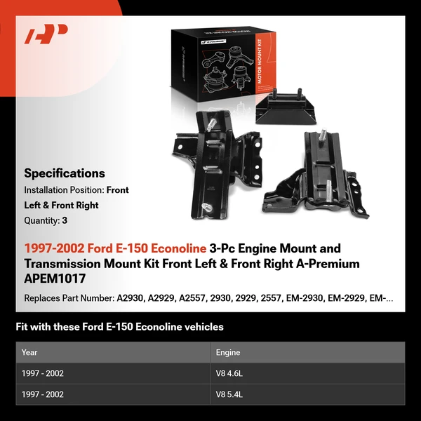 1997-2002 Ford E-150 Econoline 3-Pc Engine Mount and Transmission Mount Kit Front Left & Front Right A-Premium APEM1017
