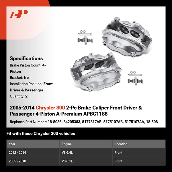 2005-2014 Chrysler 300 2-Pc Brake Caliper Front Driver & Passenger 4-Piston A-Premium APBC1188