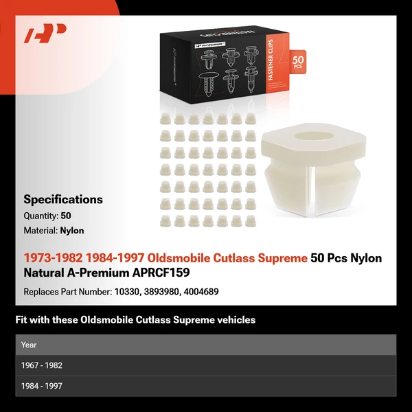 1973-1982 1984-1997 Oldsmobile Cutlass Supreme 50 Pcs Nylon Natural A-Premium APRCF159
