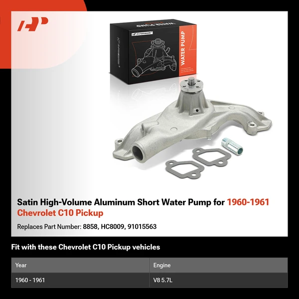 Satin High-Volume Aluminum Short Water Pump for 1960-1961 Chevrolet C10 Pickup