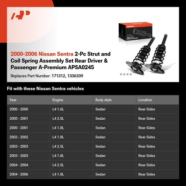 2000-2006 Nissan Sentra 2-Pc Strut and Coil Spring Assembly Set Rear Driver & Passenger A-Premium APSA0245
