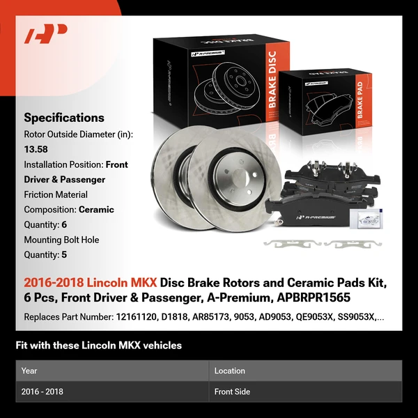 2016-2018 Lincoln MKX Disc Brake Rotors and Ceramic Pads Kit, 6 Pcs, Front Driver & Passenger, A-Premium, APBRPR1565