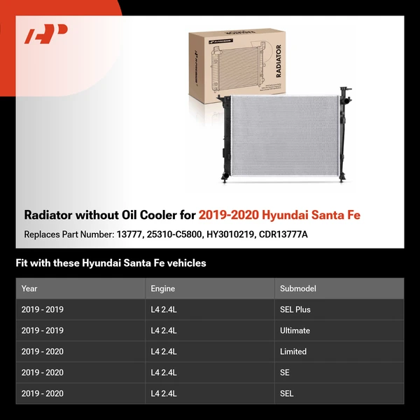 Radiator without Oil Cooler for 2019-2020 Hyundai Santa Fe