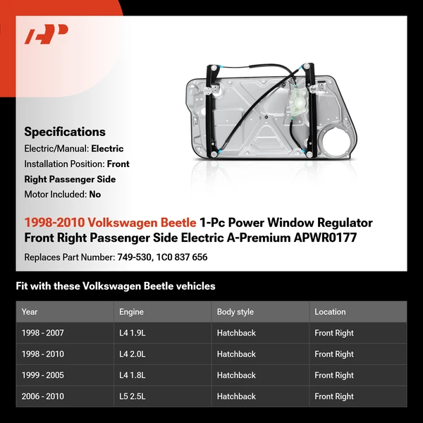 1998-2010 Volkswagen Beetle 1-Pc Power Window Regulator Front Right Passenger Side Electric A-Premium APWR0177