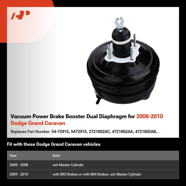 Vacuum Power Brake Booster Dual Diaphragm for 2008-2010 Dodge Grand Caravan