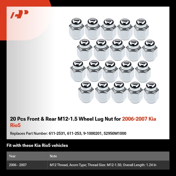 20 Pcs Front & Rear M12-1.5 Wheel Lug Nut for 2006-2007 Kia Rio5
