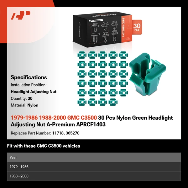 1979-1986 1988-2000 GMC C3500 30 Pcs Nylon Green Headlight Adjusting Nut A-Premium APRCF1403