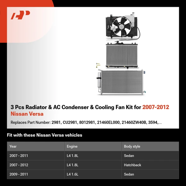 3 Pcs Radiator & AC Condenser & Cooling Fan Kit for 2007-2012 Nissan Versa