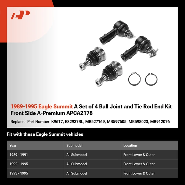 1989-1995 Eagle Summit A Set of 4 Ball Joint and Tie Rod End Kit Front Side A-Premium APCA2178