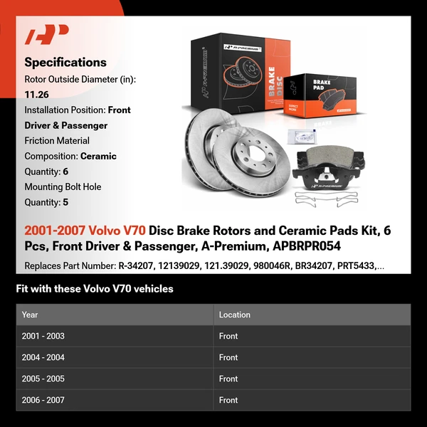 2001-2007 Volvo V70 Disc Brake Rotors and Ceramic Pads Kit, 6 Pcs, Front Driver & Passenger, A-Premium, APBRPR054