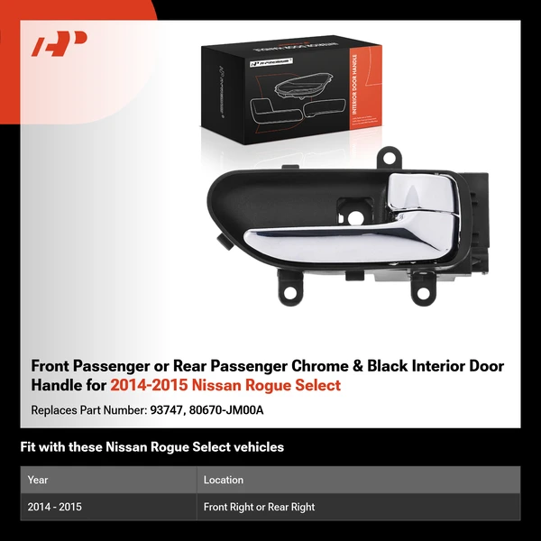 Front Passenger or Rear Passenger Chrome & Black Interior Door Handle for 2014-2015 Nissan Rogue Select