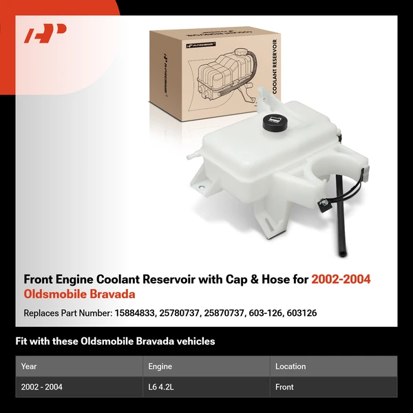 Front Engine Coolant Reservoir with Cap & Hose for 2002-2004 Oldsmobile Bravada