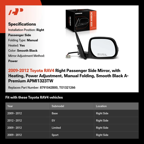 2009-2012 Toyota RAV4 Right Passenger Side Mirror, with Heating, Power Adjustment, Manual Folding, Smooth Black A-Premium APMI1323TW