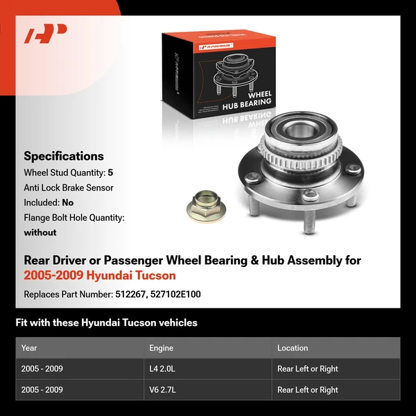 Rear Driver or Passenger Wheel Bearing & Hub Assembly for 2005-2009 Hyundai Tucson