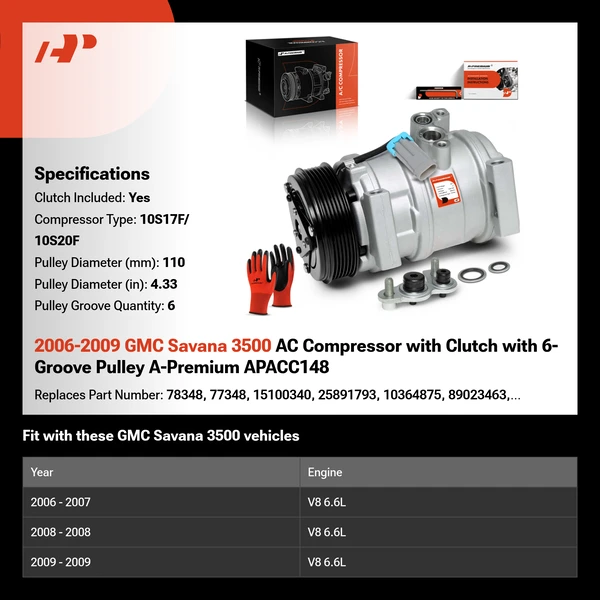 2006-2009 GMC Savana 3500 AC Compressor with Clutch with 6-Groove Pulley A-Premium APACC148