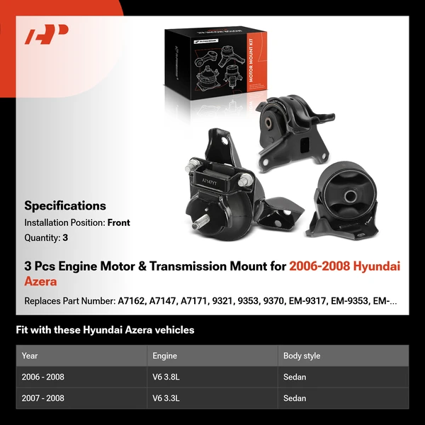 3 Pcs Engine Motor & Transmission Mount for 2006-2008 Hyundai Azera