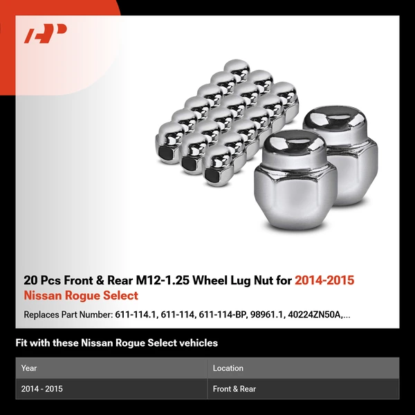 20 Pcs Front & Rear M12-1.25 Wheel Lug Nut for 2014-2015 Nissan Rogue Select