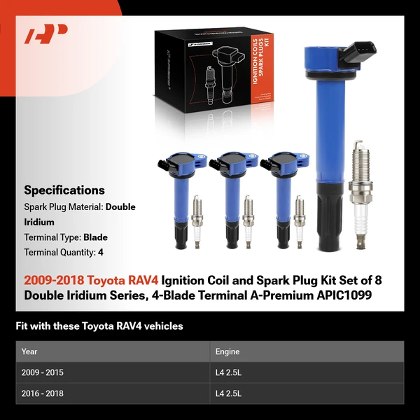 2009-2018 Toyota RAV4 Ignition Coil and Spark Plug Kit Set of 8 Double Iridium Series, 4-Blade Terminal A-Premium APIC1099