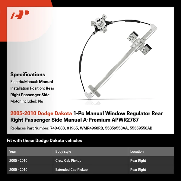 2005-2010 Dodge Dakota 1-Pc Manual Window Regulator Rear Right Passenger Side Manual A-Premium APWR2787