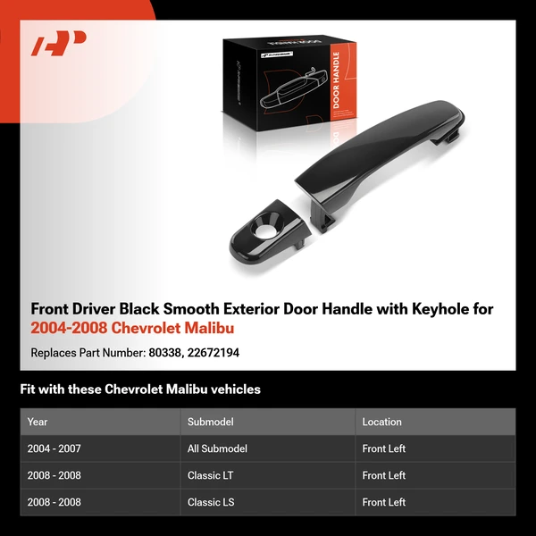 Front Driver Black Smooth Exterior Door Handle with Keyhole for 2004-2008 Chevrolet Malibu