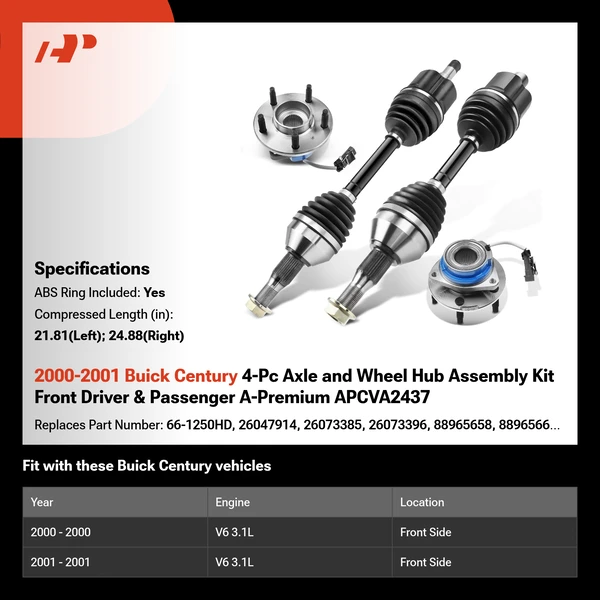 2000-2001 Buick Century 4-Pc Axle and Wheel Hub Assembly Kit Front Driver & Passenger A-Premium APCVA2437