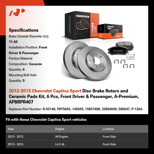 2012-2015 Chevrolet Captiva Sport Disc Brake Rotors and Ceramic Pads Kit, 6 Pcs, Front Driver & Passenger, A-Premium, APBRPR407