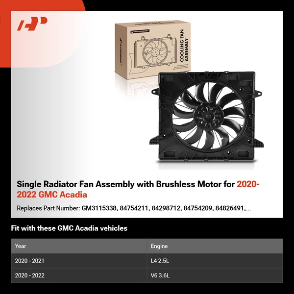 Single Radiator Fan Assembly with Brushless Motor for 2020-2022 GMC Acadia