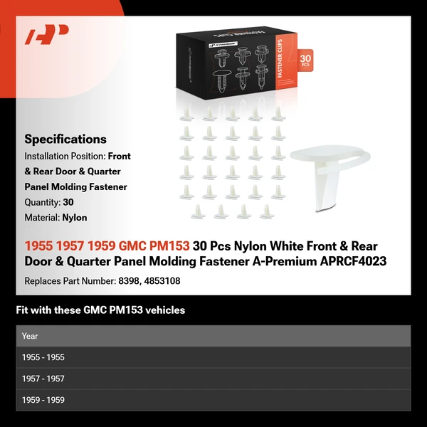 1955 1957 1959 GMC PM153 30 Pcs Nylon White Front & Rear Door & Quarter Panel Molding Fastener A-Premium APRCF4023