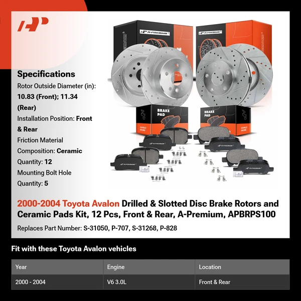 2000-2004 Toyota Avalon Drilled & Slotted Disc Brake Rotors and Ceramic Pads Kit, 12 Pcs, Front & Rear, A-Premium, APBRPS100