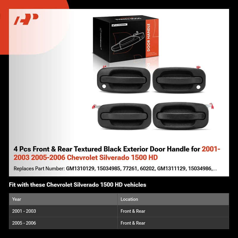 4 Pcs Front & Rear Textured Black Exterior Door Handle for 2001-2003 2005-2006 Chevrolet Silverado 1500 HD