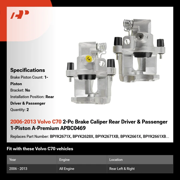 2006-2013 Volvo C70 2-Pc Brake Caliper Rear Driver & Passenger 1-Piston A-Premium APBC0469