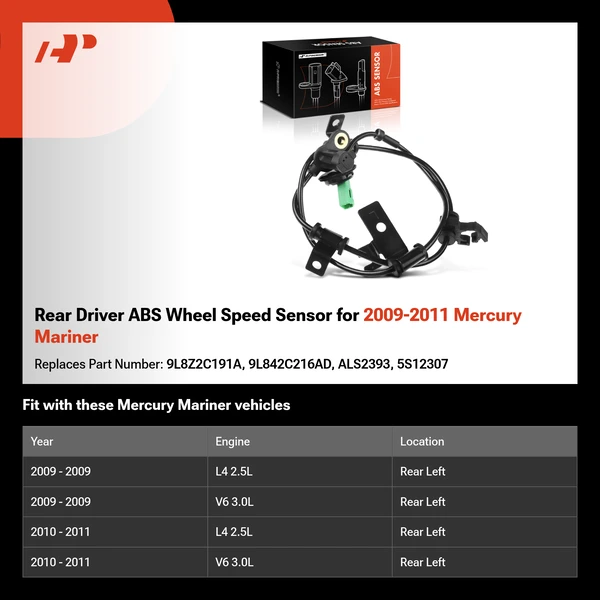 Rear Driver ABS Wheel Speed Sensor for 2009-2011 Mercury Mariner