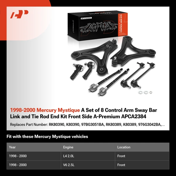 1998-2000 Mercury Mystique A Set of 8 Control Arm Sway Bar Link and Tie Rod End Kit Front Side A-Premium APCA2384