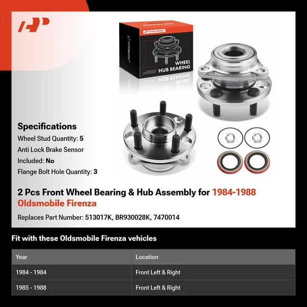 2 Pcs Front Wheel Bearing & Hub Assembly for 1984-1988 Oldsmobile Firenza